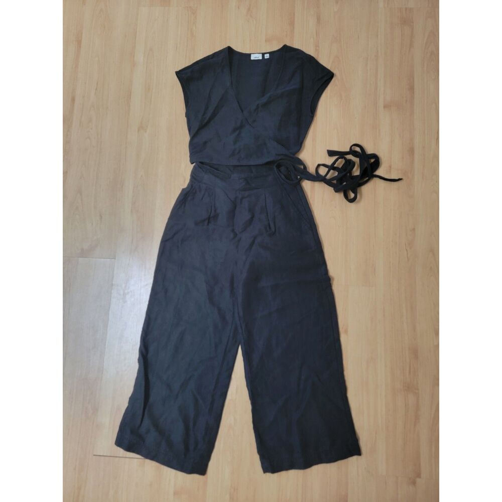 Aritzia Wilfred Brax Linen Cotton Wrap Wide Leg Jumpsuit Black Extra Small XS